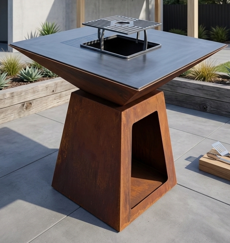 Brasero artisanal en acier corten dans l'Ouest Lyonnais