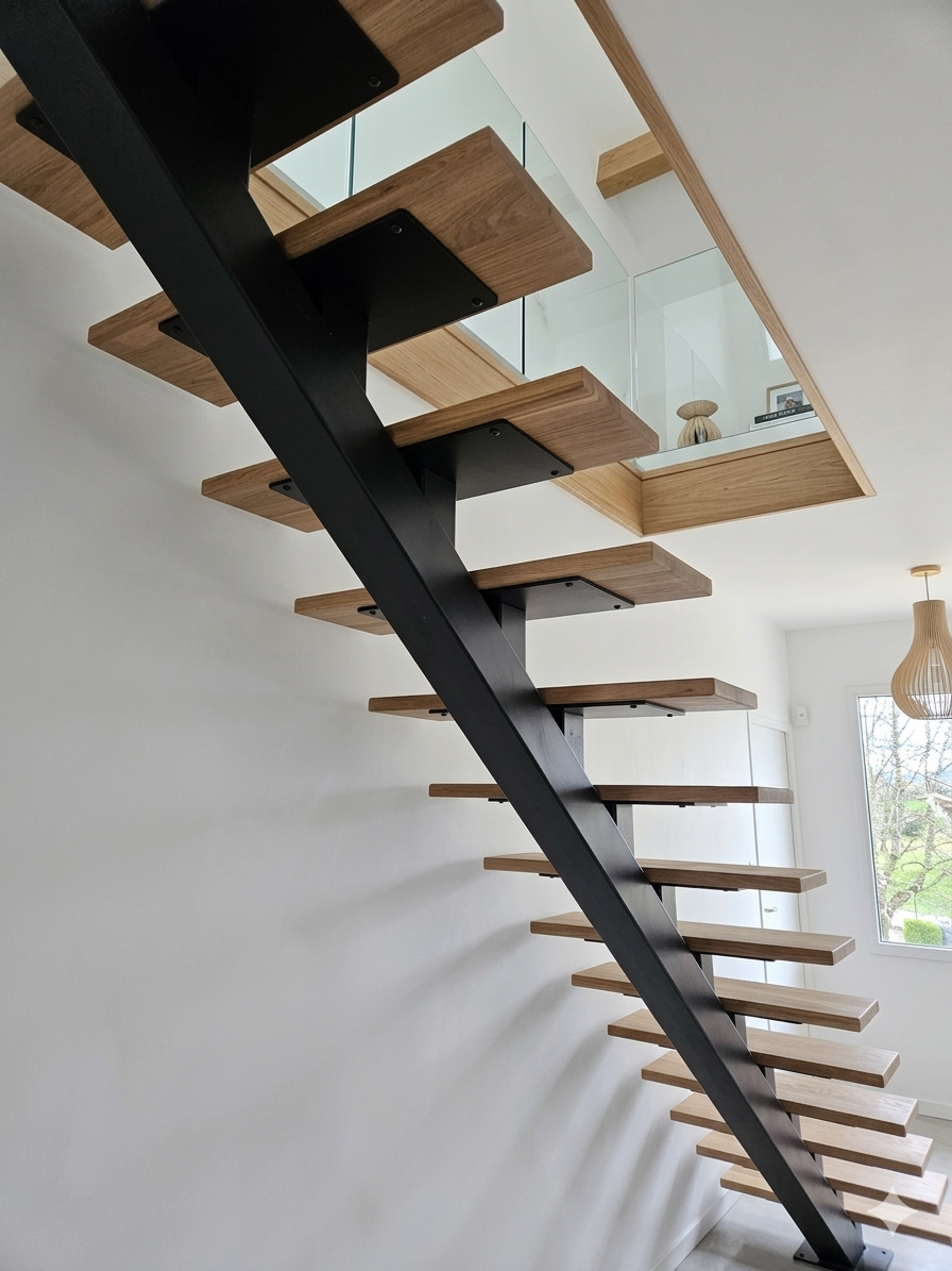 Escalier limon central en acier sur-mesure avec marche en chêne dans l'Ouest Lyonnais